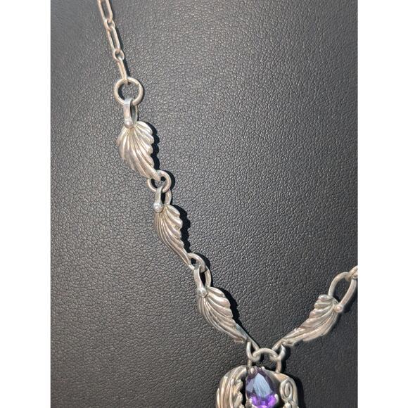 Vintage 925 Sterling Silver Purple Gemstone Leaf Flower Design 20" Necklace - Picture 9 of 15